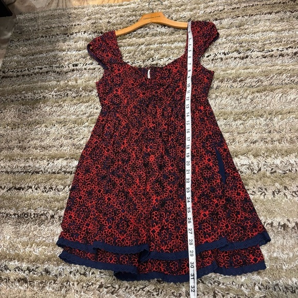 Free People small Tabitha Red Mini Dress smocking babydoll pockets - Picture 11 of 11